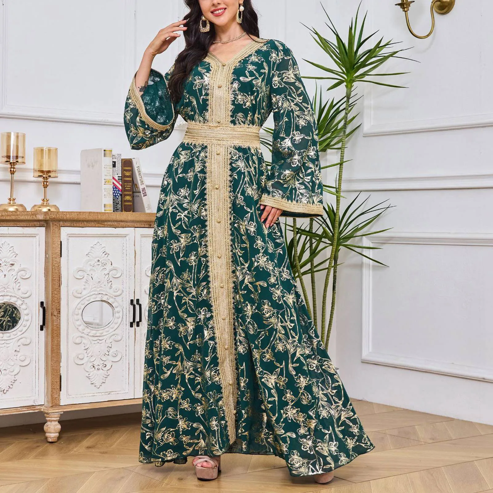 Elegant Long Sleeved Muslim Floral Dress for Women