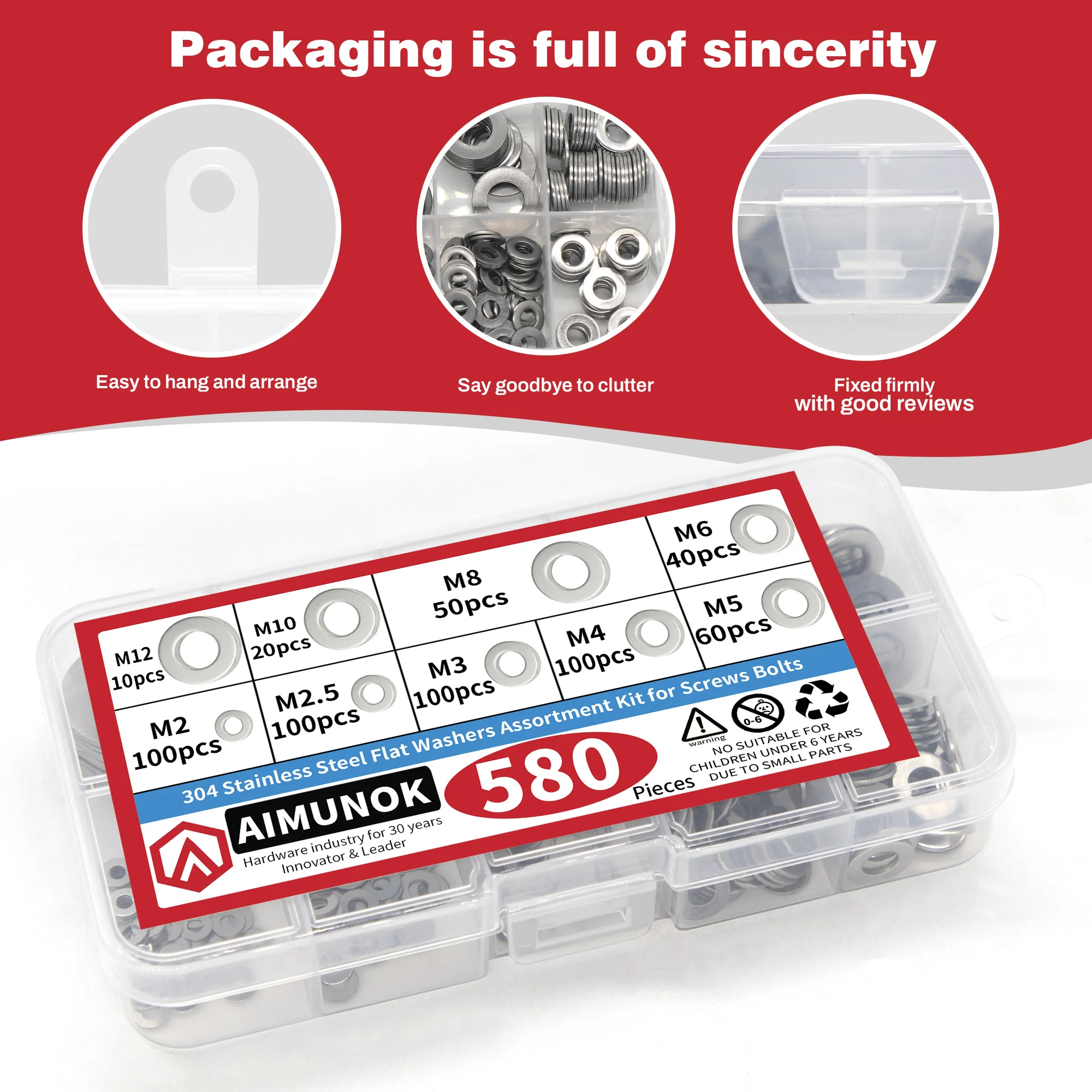 580PCS 304 Stainless Steel Flat Washer Set M2-M12 Multi-Spec Rust-Resistant Repair DIY Fasteners Tool Kit with Storage Box