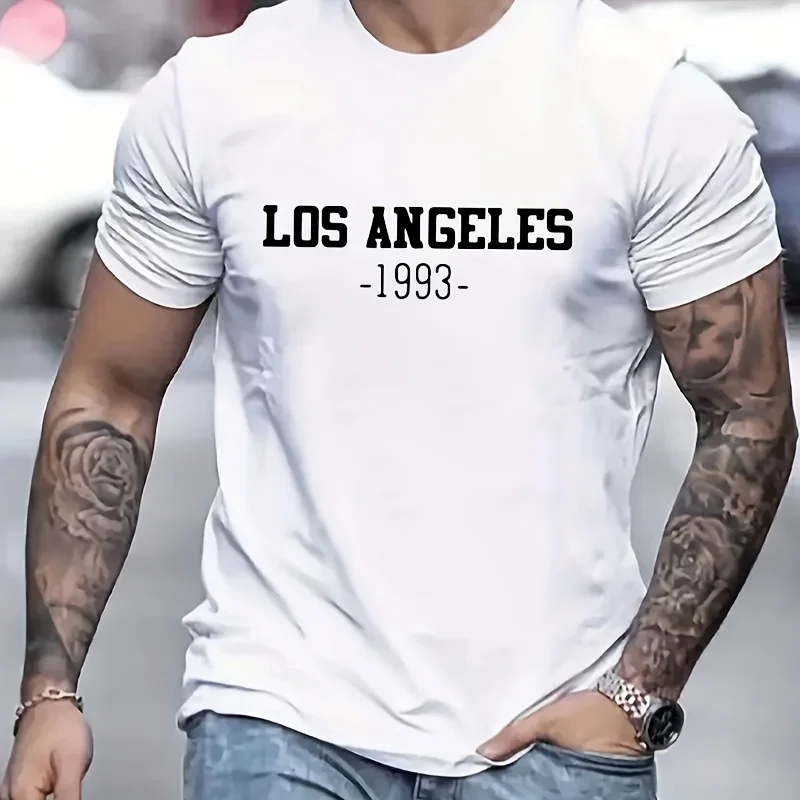 Modisches Herren-T-Shirt mit Los Angeles 1993 Aufdruck, Kurzarm, Alltags-Casual-Rundhals-T-Shirt, Vintage Street Style Männerkleidung