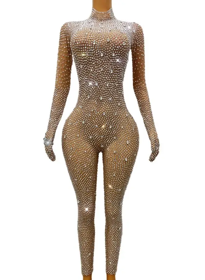 Shining Full Silver Stones Gloves Bodysuit Rhinestones Pants Jumpsuit Birthday Celebrate Leotard Outfit  Sexy Costumes shizuan