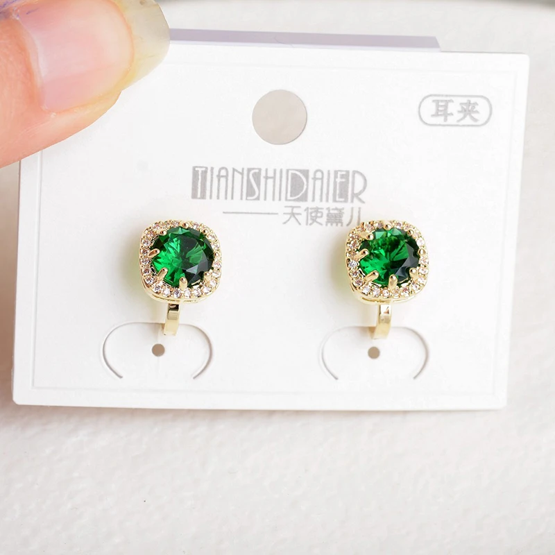 Fashion Square White Green Zirconia Clip on Earrings For Women Sweet Shinny Gold Color Non Pierced Ear Clips Party Jewelry 2023