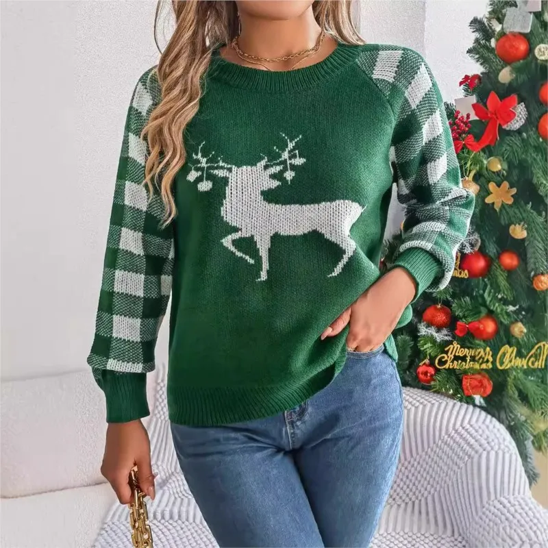 Women's New Autumn And Winter Casual Plaid Deer Pullover Sweater Christmas Round Neck Lantern Long Sleeved Contrasting Loose Fit