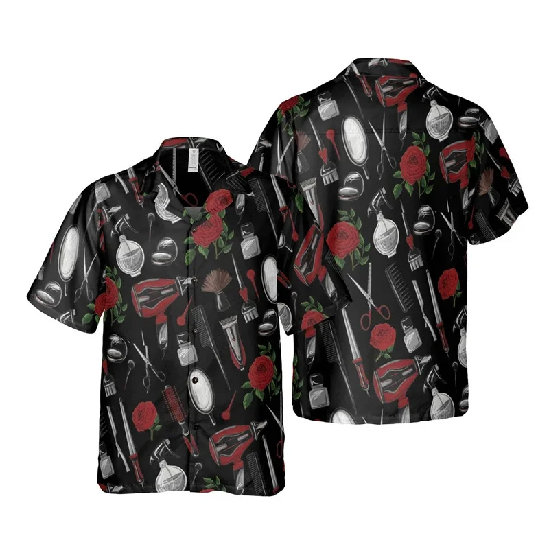 Barber Tools Pattern Hawaiian Shirt For Men Colorful 3D Print Blouses Fashion Profession Short Sleeve Shirts Button Lapel Tops