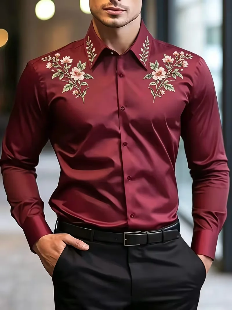 New men's classic wine red navy blue white checkered printed long sleeved shirt with a hanging collar and slim fit top