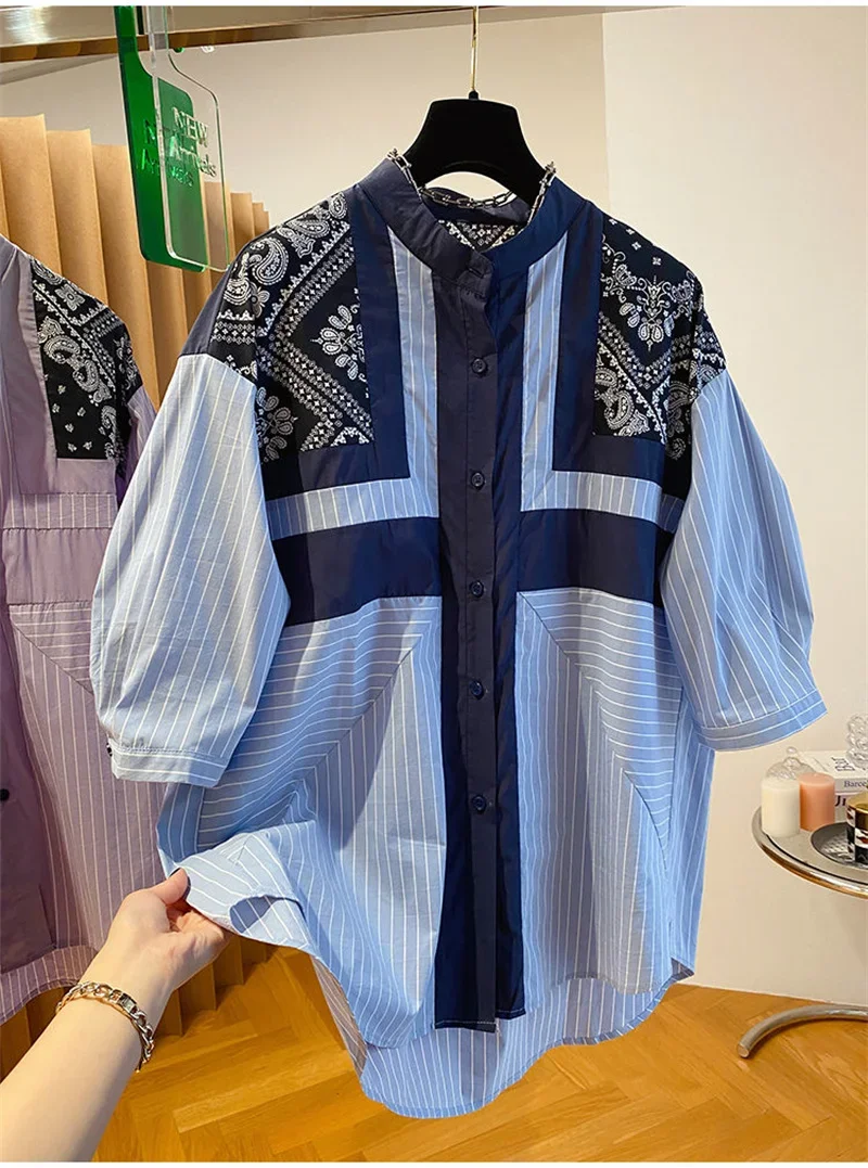 

Shirts Women Clothing Shirts Blouses High-grade Loose Retro Ethnic Print Blue Striped Shirt Short-sleeved Blouse for Women 2025