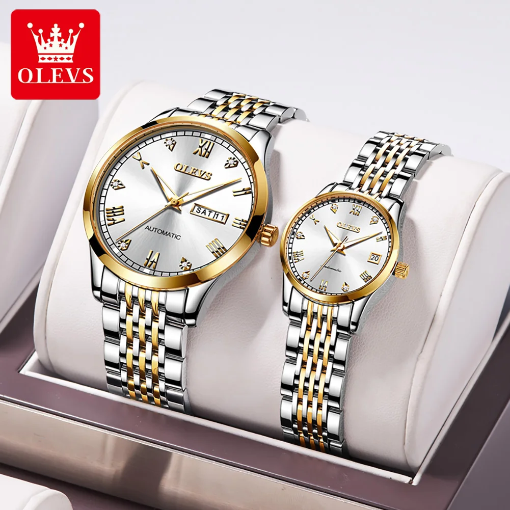 OLEVS Luxury Brand Couple Watch for Men Women Automatic Mechanical Wristwatch Waterproof Stainless Steel Lover's Watches Gifts