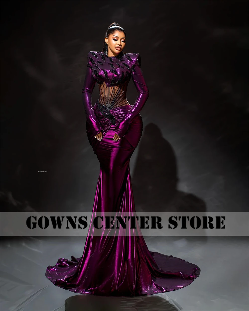 فساتين سهرة ممتازة أرجوانية بأكمام طويلة حورية البحر Aso Ebi شفافة من خلال مشد فساتين حفلات أفريقية أنيقة 2024 حسب الطلب #5