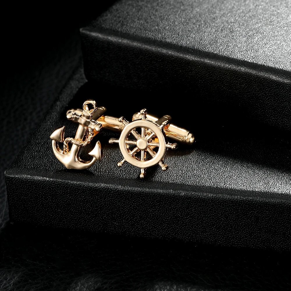 Classic Ship Anchor and Rudder Shaped Gold Mens Cufflinks