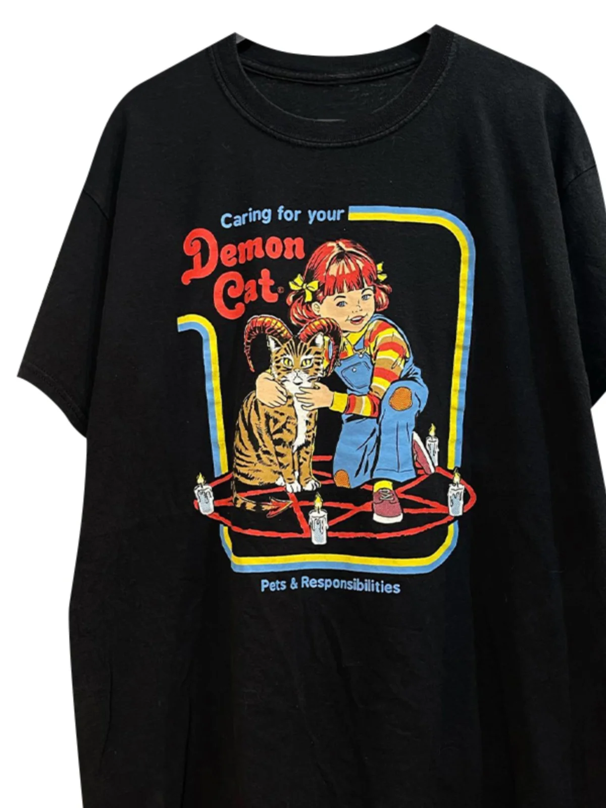 Vintage American Retro Short Sleeve Pure Cotton Small Collar T-Shirt for Men And Women Trendy Care for Your Devil  Illustr...