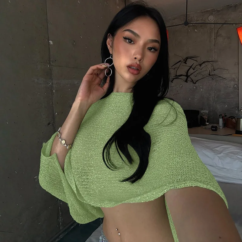 GlamGaze Off Shoulder Sheer Knit Cropped Cover Up Top For Women Beach Vacation Batwing Sleeve Casual Summer Blouse