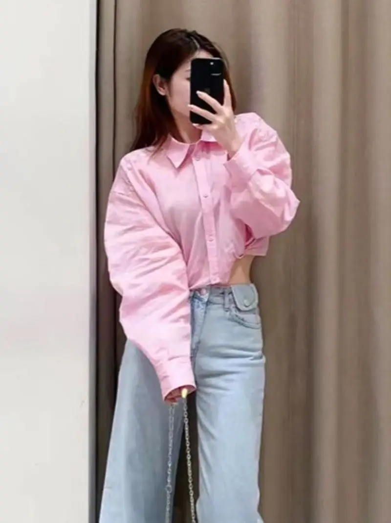 Women Pink Shirt Single Breasted Long Sleeve Turn-down Collar Loose Spring 2024 Female Short Blouse