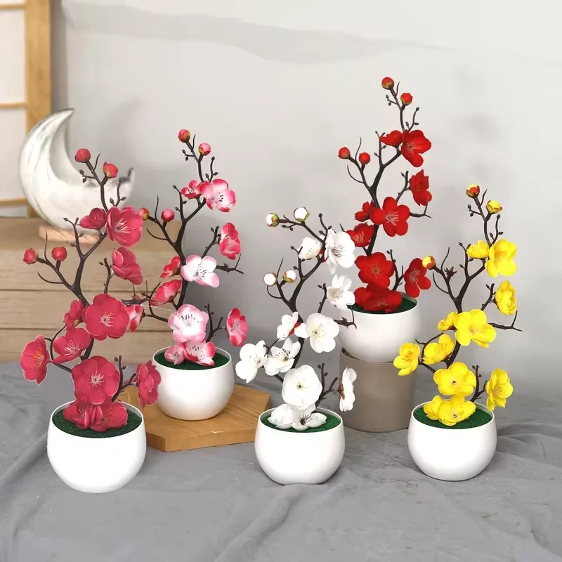 Planta Artificial de Flor de Ameixa em Vaso, Bonsai de Flor Falsa de Wintersweet para Decoração de Mesa em Casa, Ornamento Floral Estilo Chinês
