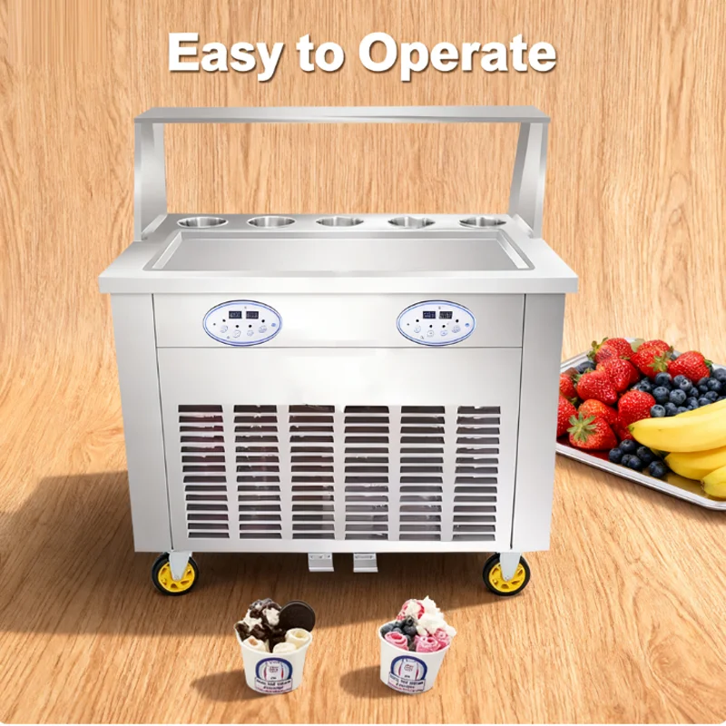 

New Double Pan Ice Cream Roll Machine with Big Square Cold Plates for Frying Ice Cream Syrup and Milk