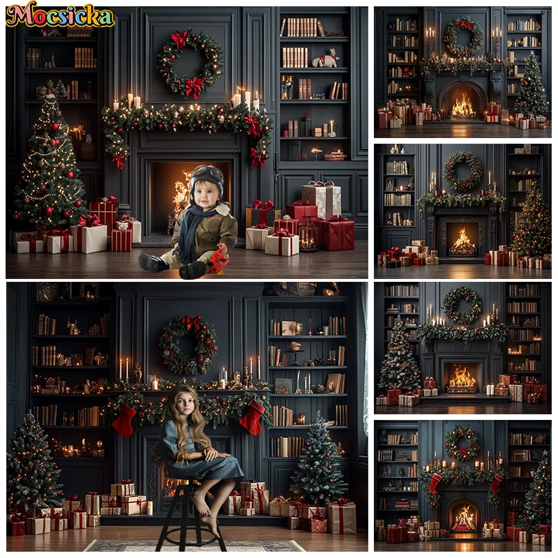 

Mocsicka Christmas Background For Photography Book House Fireplace Xmas Tree Black Wall Backdrop Shooting Room Decoration Studio