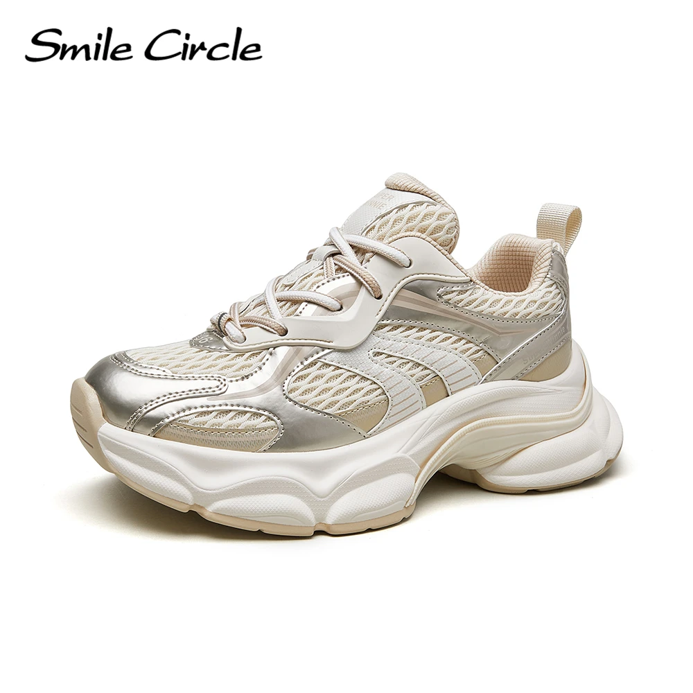 

Smile Circle Chunky Sneakers Women Flat Platform Sneakers Spring/Summer Breathable Mesh Round Toe lace-up Women Casual Shoes