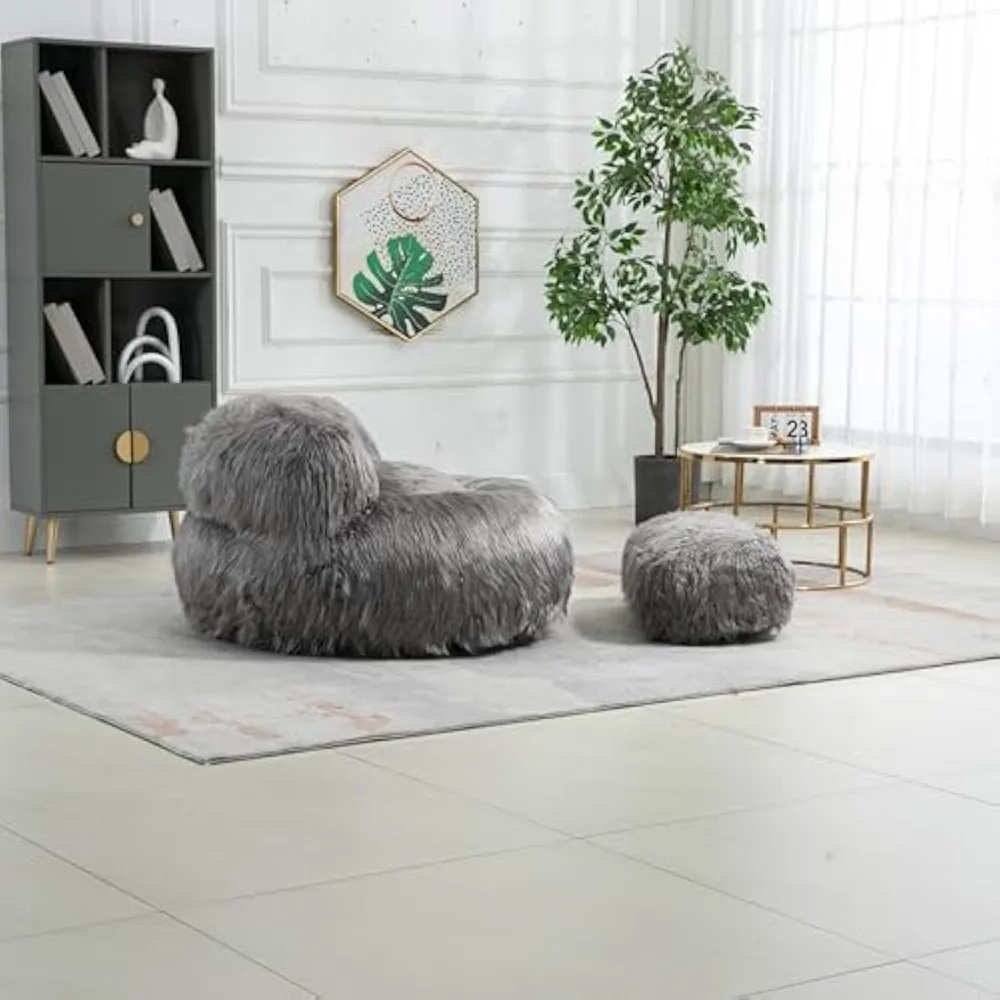 Bean Bag Chair, Faux Fur Lazy Sofa/Footstool Durable Comfort Lounger High Back Bean Bag Chair Couch for Adults and Kids, Indoor