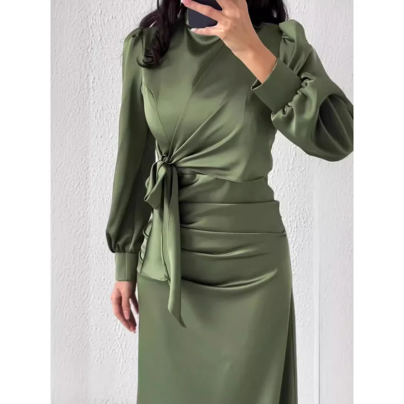 

Autumn New Women Solid Color Round Neck Ruffled Waist Slim Satin Dress Elegant And Stylish Perfect For Casual Or Formal Occasion