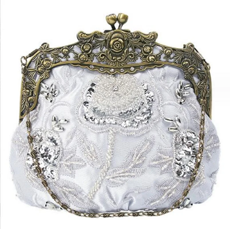 Hot Sale Women's New Fashion Cosmetic Bag Satin Clutch Bags Purse Handmade Embroidered Beaded Evening Party Chains Shoulder Bag