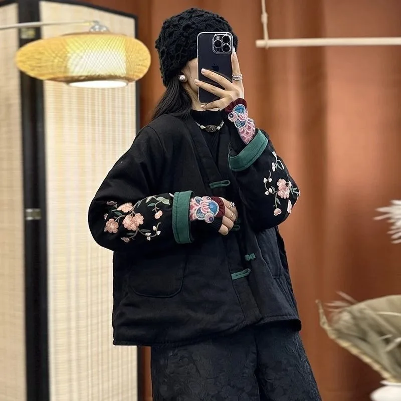 Women's Fall Winter Tops Coat Cotton Coat Embroidery Plate Button Linen Literary Retro Leisure Soft Comfortable Versatile Niche