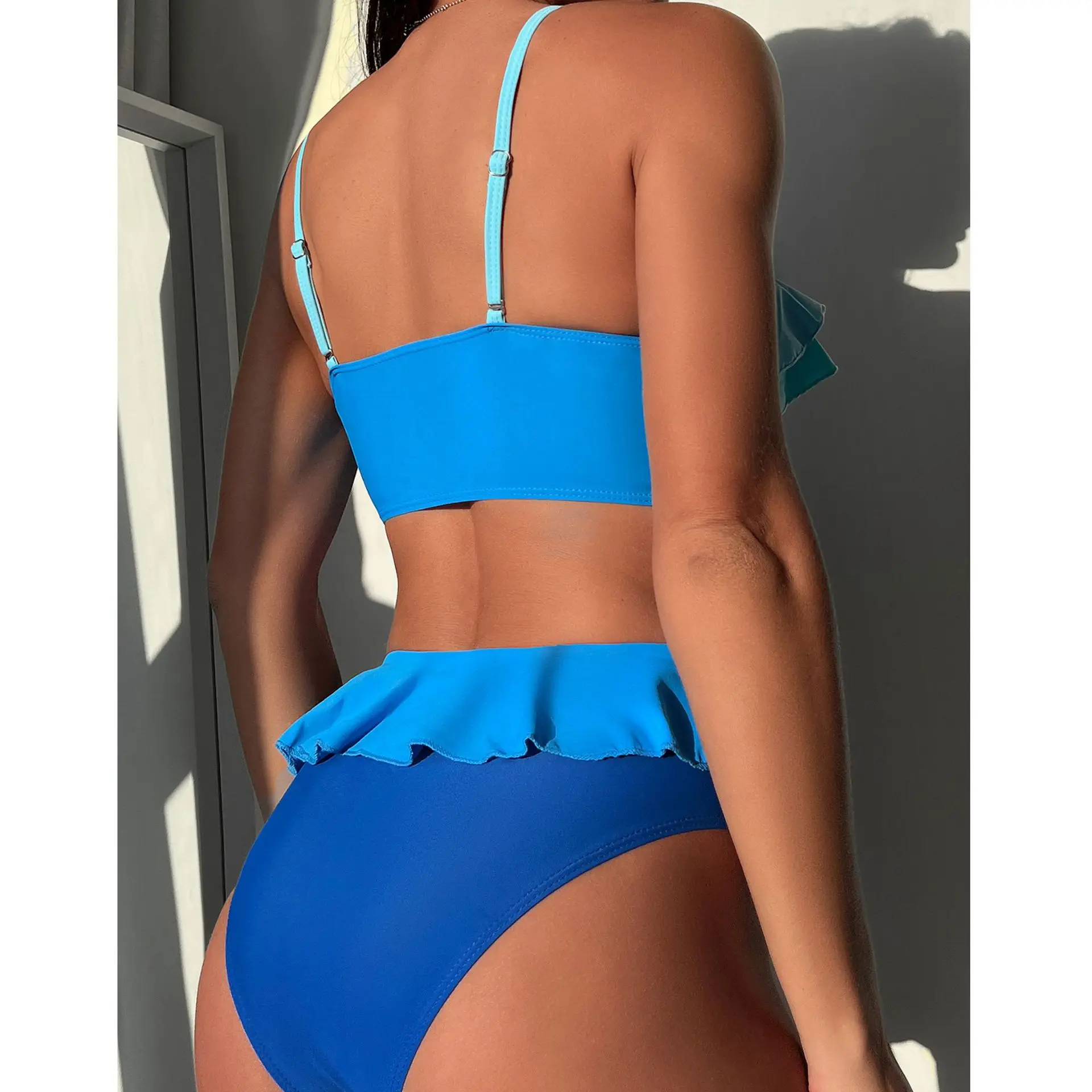 Blauwe Ruche Hoge Taille Bikini 2024 Vrouwen Sexy Tweedelig Badpak Push-Up Badkleding Dames Badpak Zwembad Zomer Strandkleding