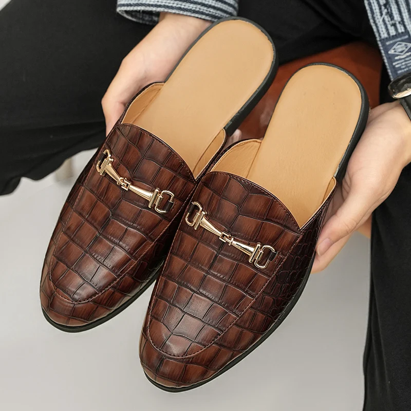 Summer Fashion New Men's Brown Half Slippers Leather Open-back Casual Shoes Male Mules Moccasins Breathable Backless Loafers