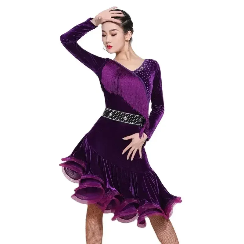 

2023 Latin Dance Dress Sexy Tassel Dresses Set Adult Women 's Autumn Winter New Long Sleeve Professional Performance Dress