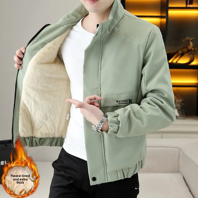 

Men's Fleece Lined Thickened Stand Collar Jacket Autumn Winter Casual Warm Fashionable Polyester Standard Fit Short Style