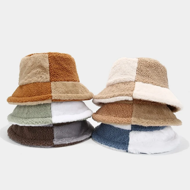 Fashion Spliced Lamb Wool Fisherman Hat Women European American Elegant Versatile Bucket Cap Autumn Winter Warm Couple Beanies