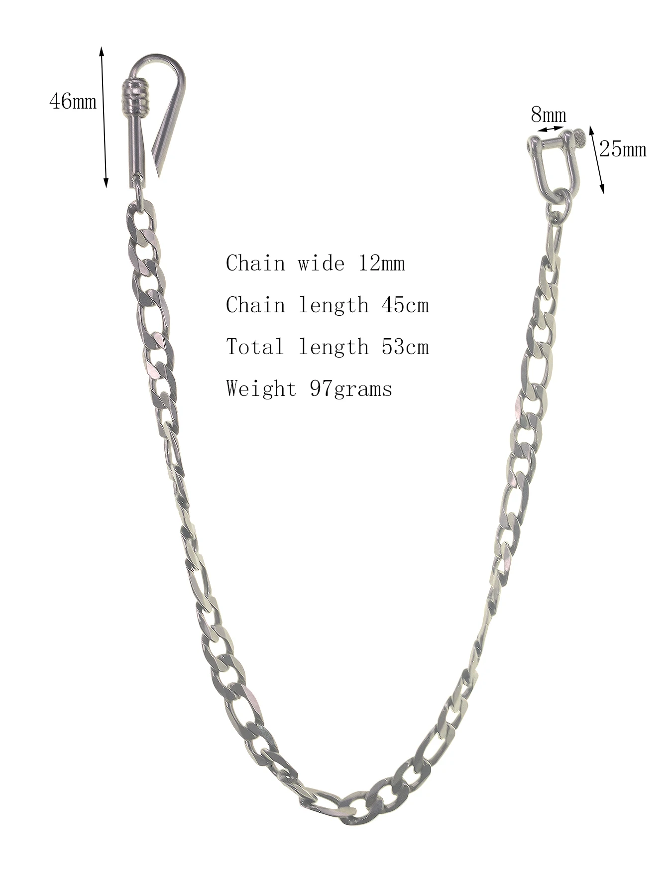 Hip-Hop 21 Zoll 12mm Figaro Schwere 3:1 Kettenhalskette Choker Jeans-Kette Streetdance-Deko Edelstahl Gürtelclip Haken – Detail 1