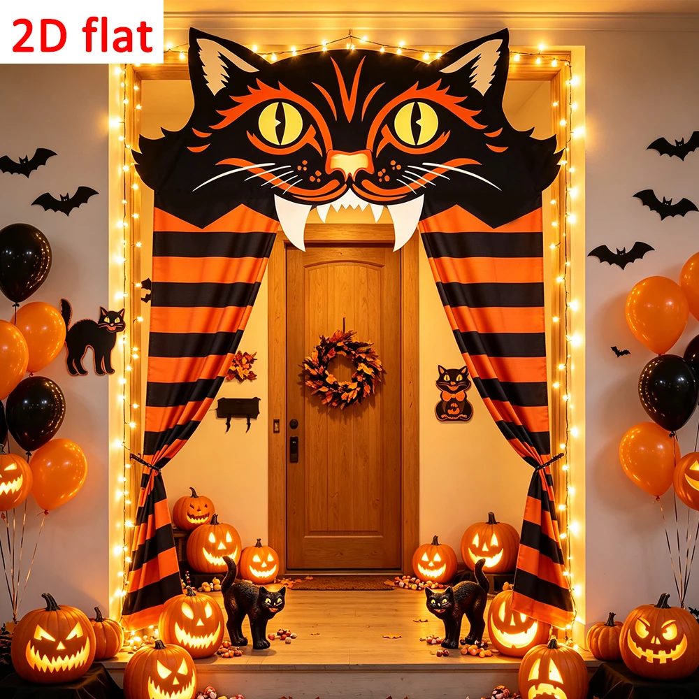 Schwarzer Katzen-Halloween-Torbogen-Vorhang, Orange-Schwarz Gestreiftes Katzen-Gesicht Türbanner für Veranda, Halloween-Party Eingangsbereich Dekoration – Detail 5