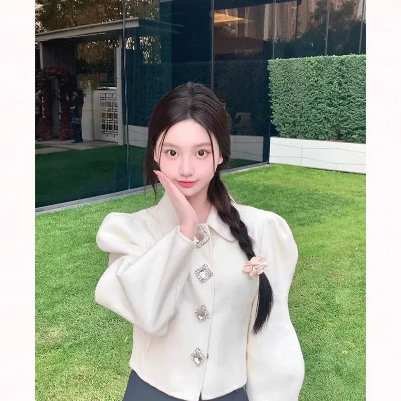 Gagarich Short Style White Woolen Coat Small Fragrance Style Wealthy Heiress Woolen Coat Women Spring Autumn Elegant Top