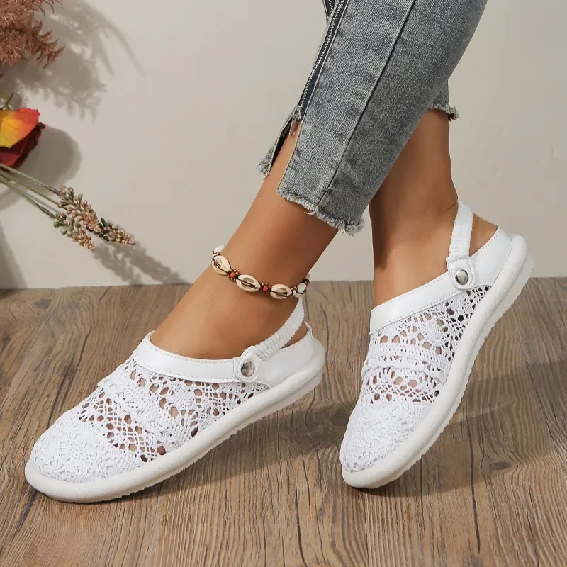 2024 Summer New Two Wear Baotou Sandals with Lace Breathable Soft Sole, Casual and Versatile Hollow Flat Shoes for Women