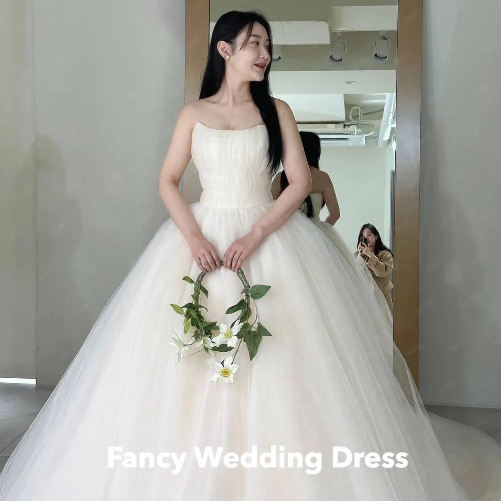 Fancy Fairy Soft Tulle A Line Korea Wedding Dresses Sleeveless Scalloped Floor Length Bridal Gowns Photoshoot Mariage customized