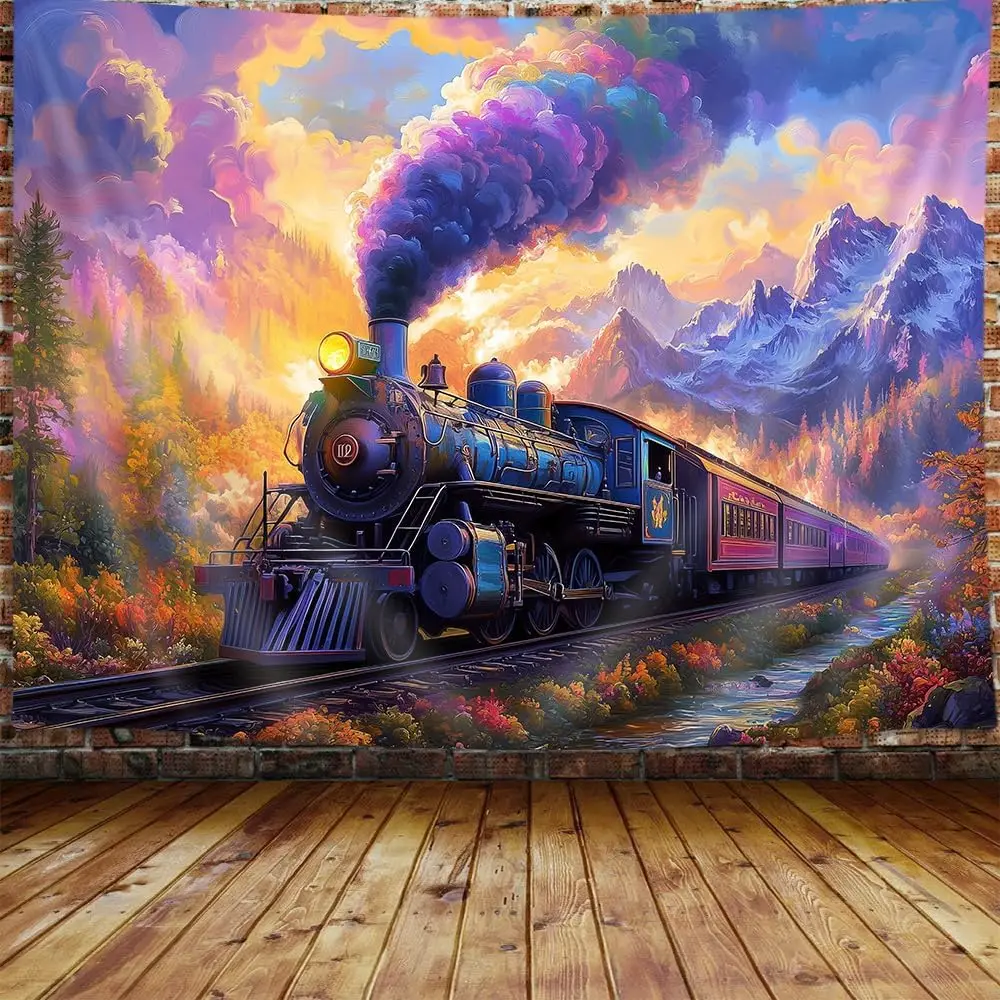 Steam Train Tapestry, Old Engine Train Scenery Tapestries Kids Decor, Rainbow Cloud Sky Forest Mountain Watercolor Art Wall