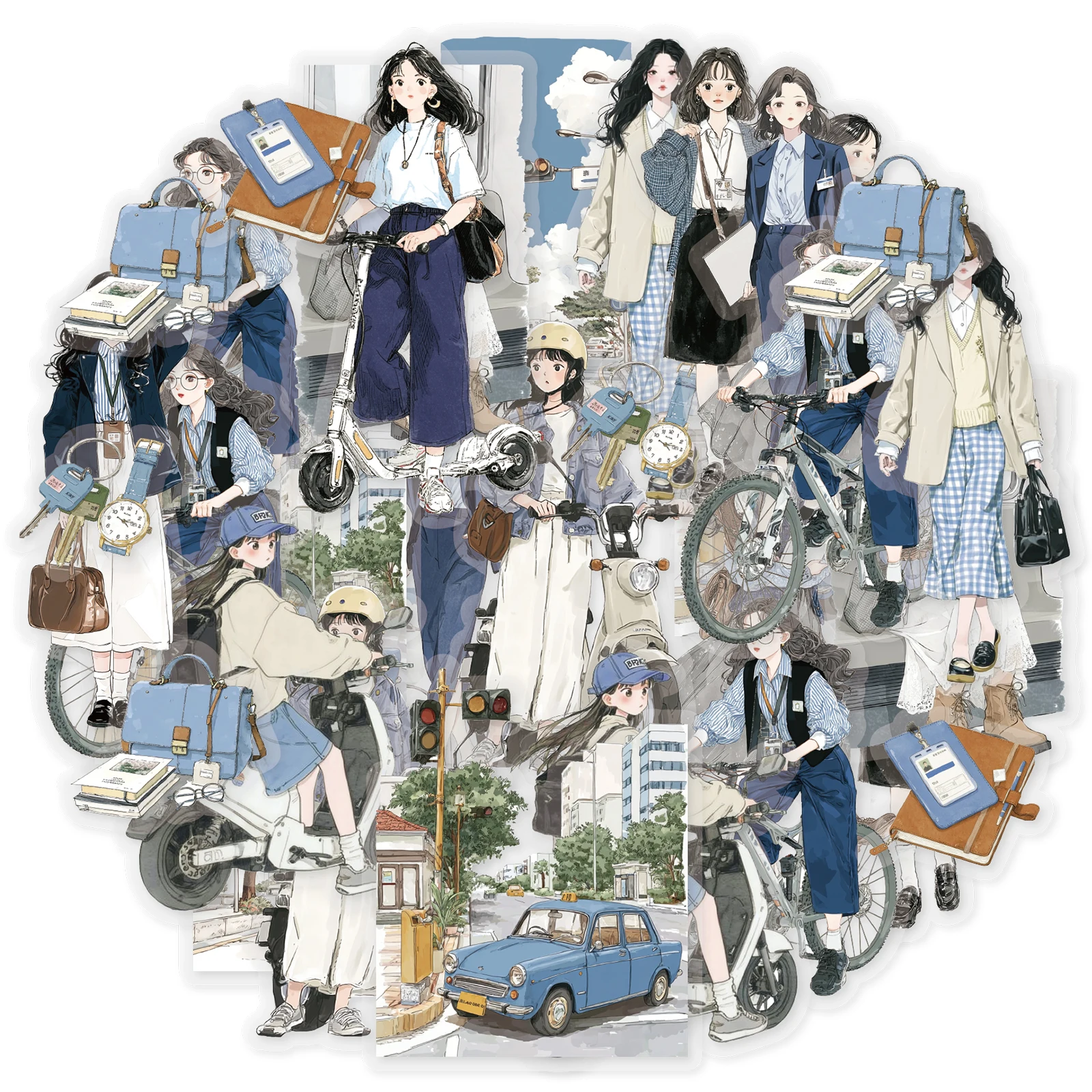 Etori Life Morning Commute Cycling Lifestyle Daily Matching Character Pattern Pet Sticker Pack DIY Notebook, Phone Stickers, Scrapbook Supplies, Photo Album, Student Stationery, Children's Gift Paper Bags, Toy Stickers, Die-Cut Craft