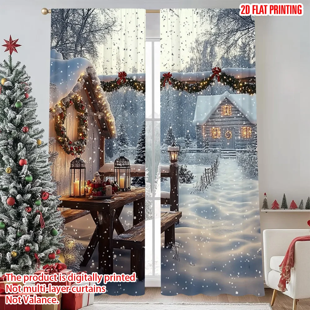 

2pcs 2D flat printing Christmas Window Curtains winter1 Versatile Durable Polyester Without Electricity Family Party Use for