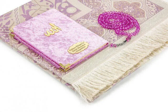 Pocket Oversize Velvet Yasin Book Name Plakalı Prayer Rug Prayer Beads Boxed Special Set Pink