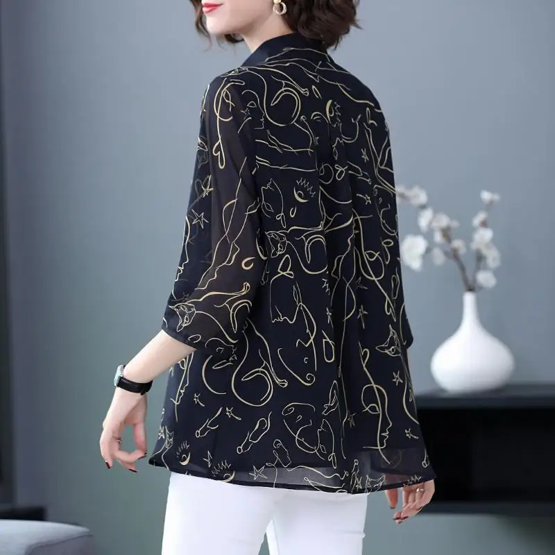 Fashion 3/4 Sleeve Print Lapel Chiffon Shirt Oversized Loose Tops Summer Autumn Women Clothing Commute Elegant Button Up Blouse