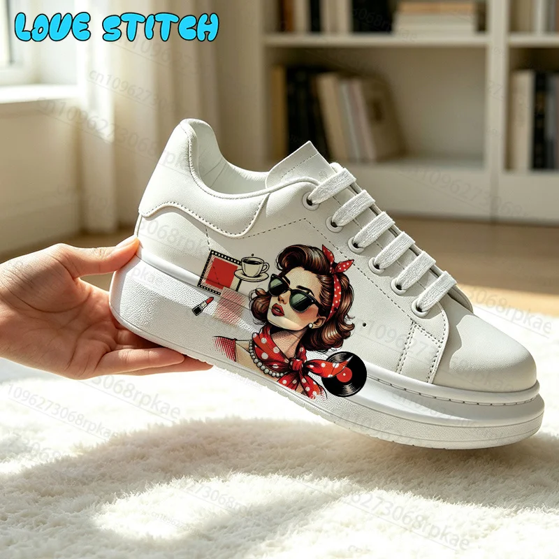 Retro Pop Art Graphic Print Women Low Top White Walking Sneakers Selection Four Seasons Universal Footwear for Daily Party Gift