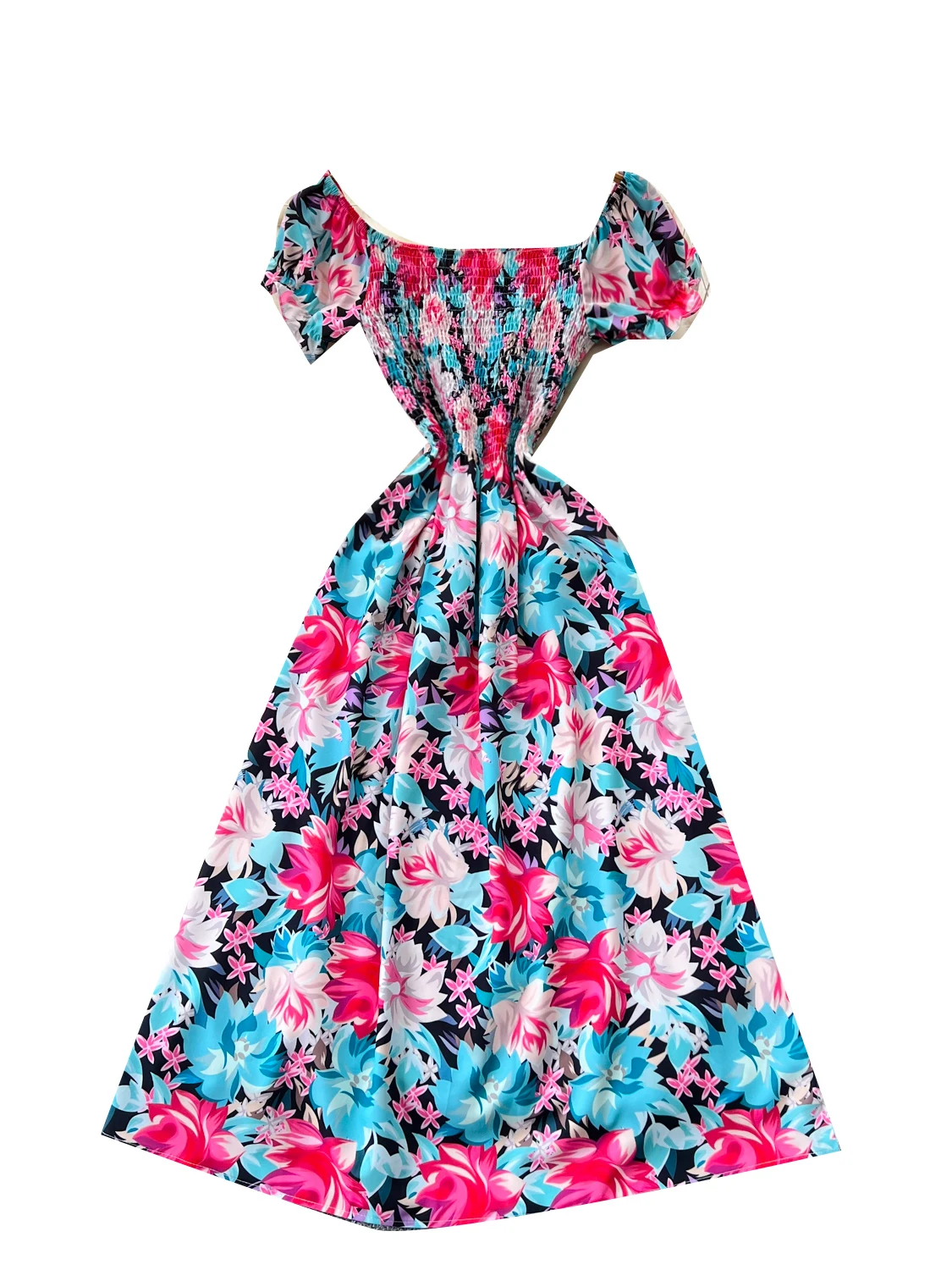 Fashion One-word Shoulder Puff Sleeve Floral Dress Women's 2025 Summer Slim Long Dress Boho Beach Holiday Y2k