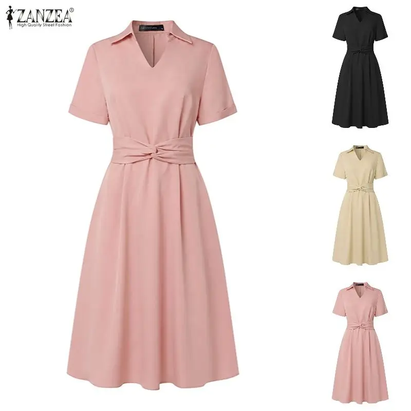 2026 Sommer Einfarbiges A-Linien-Kleid ZANZEA Damen Elegantes OL Arbeitskleid mit Reverskragen Kurzarm Midi-Robe Schnür-Sommerkleid