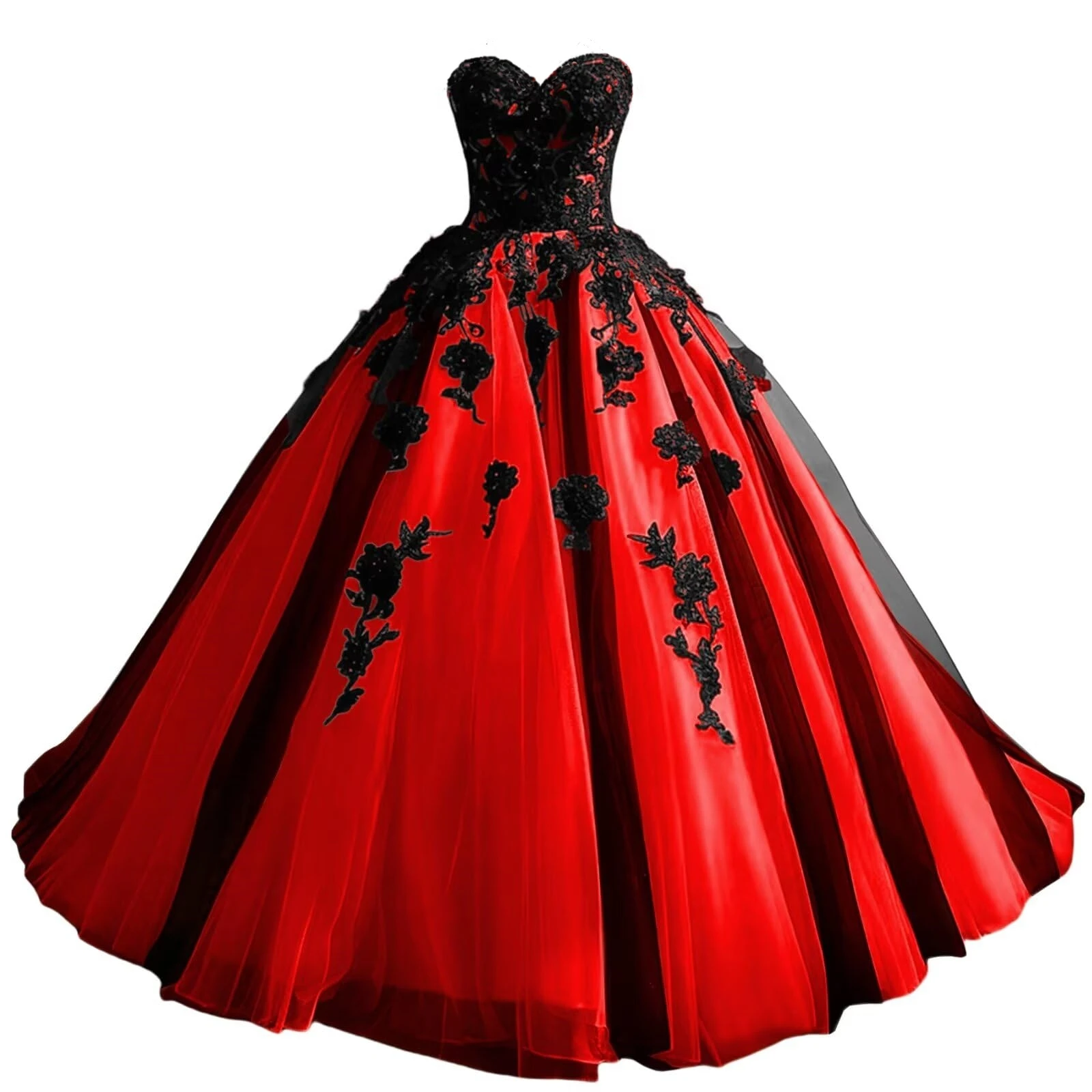 KIVARY Black Appliques Quinceanera Dresses Ball Gown Floral Gothic Wedding Dresses for Bride Strapless Tulle Prom Dresses
