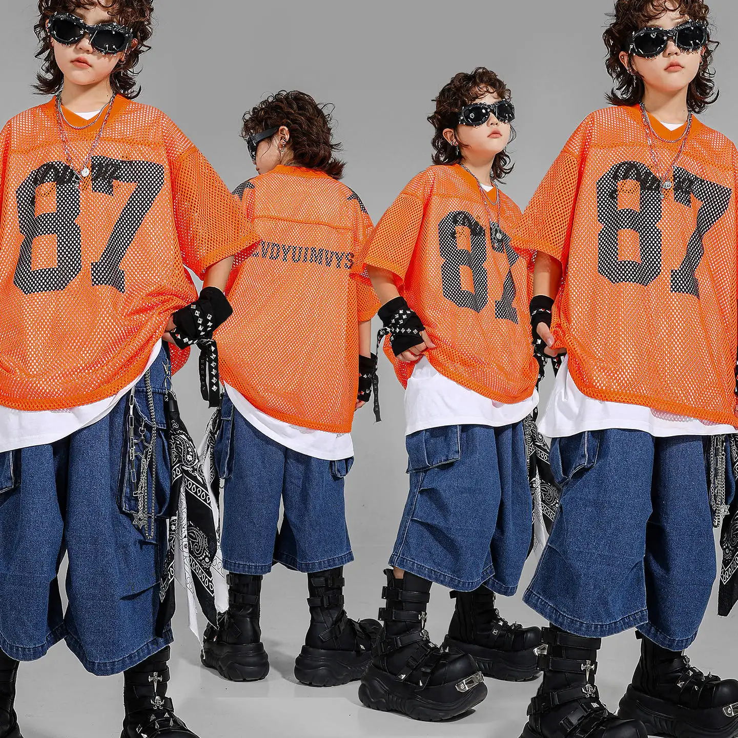 

Kid Kpop Hip Hop Clothing Orange Net Jersey T Shirt Denim Blue Parachute Cargo Jeans Shorts for Girls Boys Dance Costume Clothes