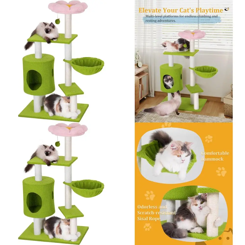 

41-Inch Flower-Themed Cat Tree with 3 Posts, Small Tower, Cozy Cave, Hammock, and Perch for Indoor Kittens, Green