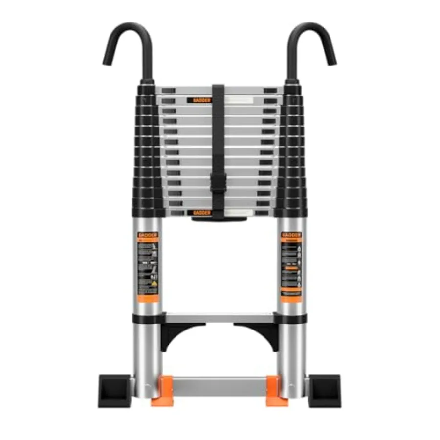 

Алюминиевая телескопическая лестница 12,5 футов с упорами и крюками для автодомов или работ на открытом воздухе, серебристая, максимальная нагрузка 330 фунтов