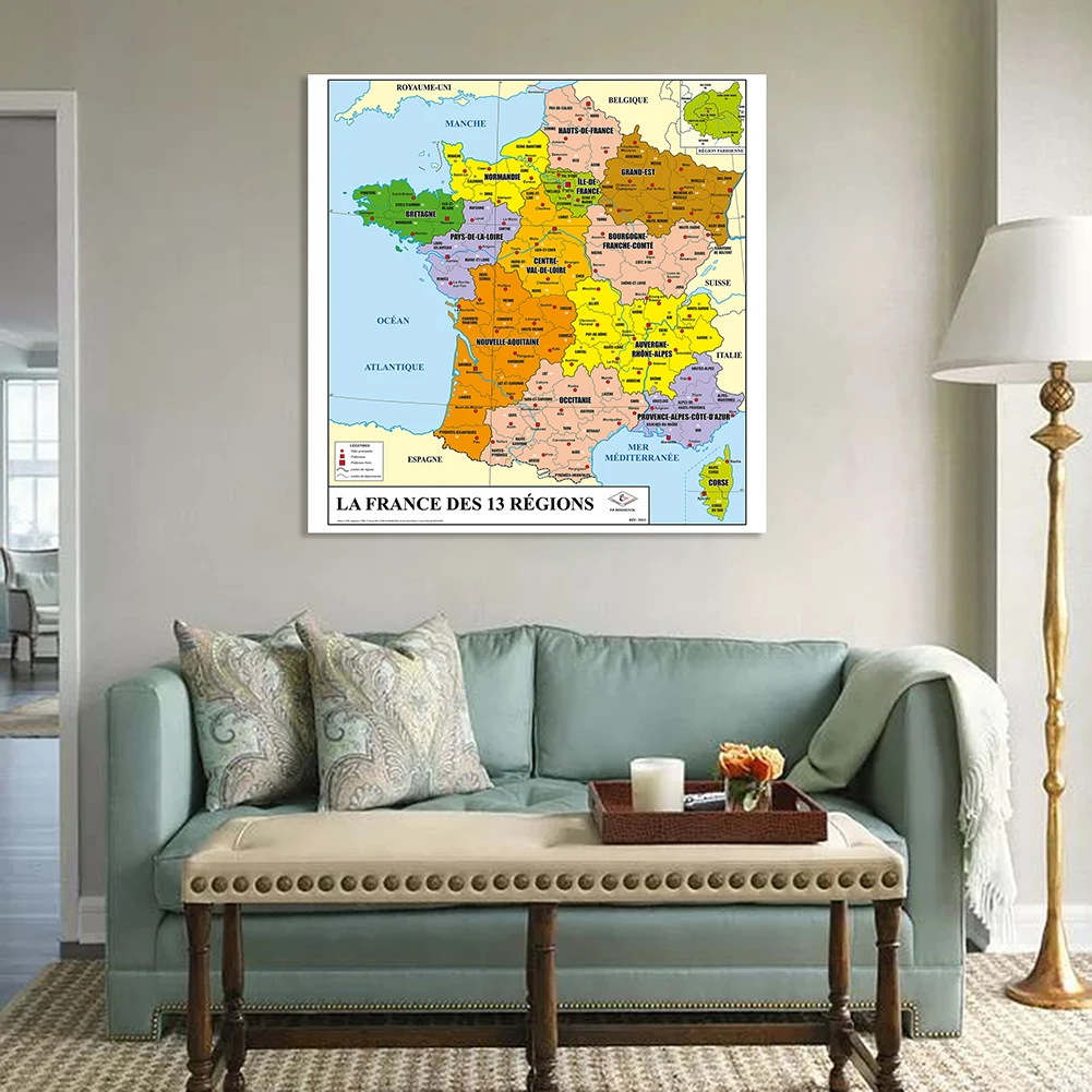 90*90cm Political Map of The France In French Non-woven Canvas Painting Wall Poster Classroom Home Decor School Supplies