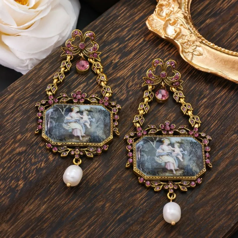 

Ретро-элегантные серьги-бантики, в придворном стиле, с полым дизайном, пресноводным жемчугом и эмалевой росписью