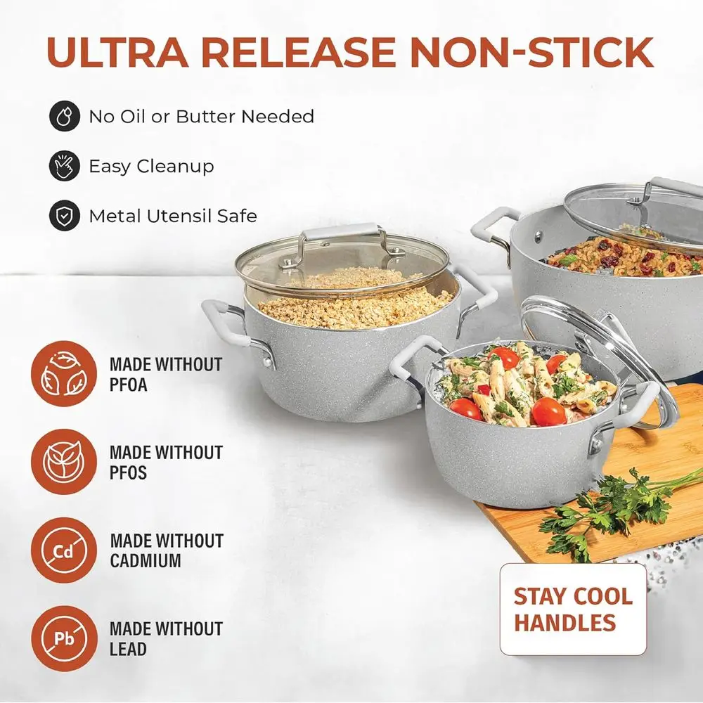 6-Piece Nonstick Cookware Set, Stackable Pots with Lids, 5qt, 3qt, 1.5qt, Dishwasher Safe, 100% Toxin-Free