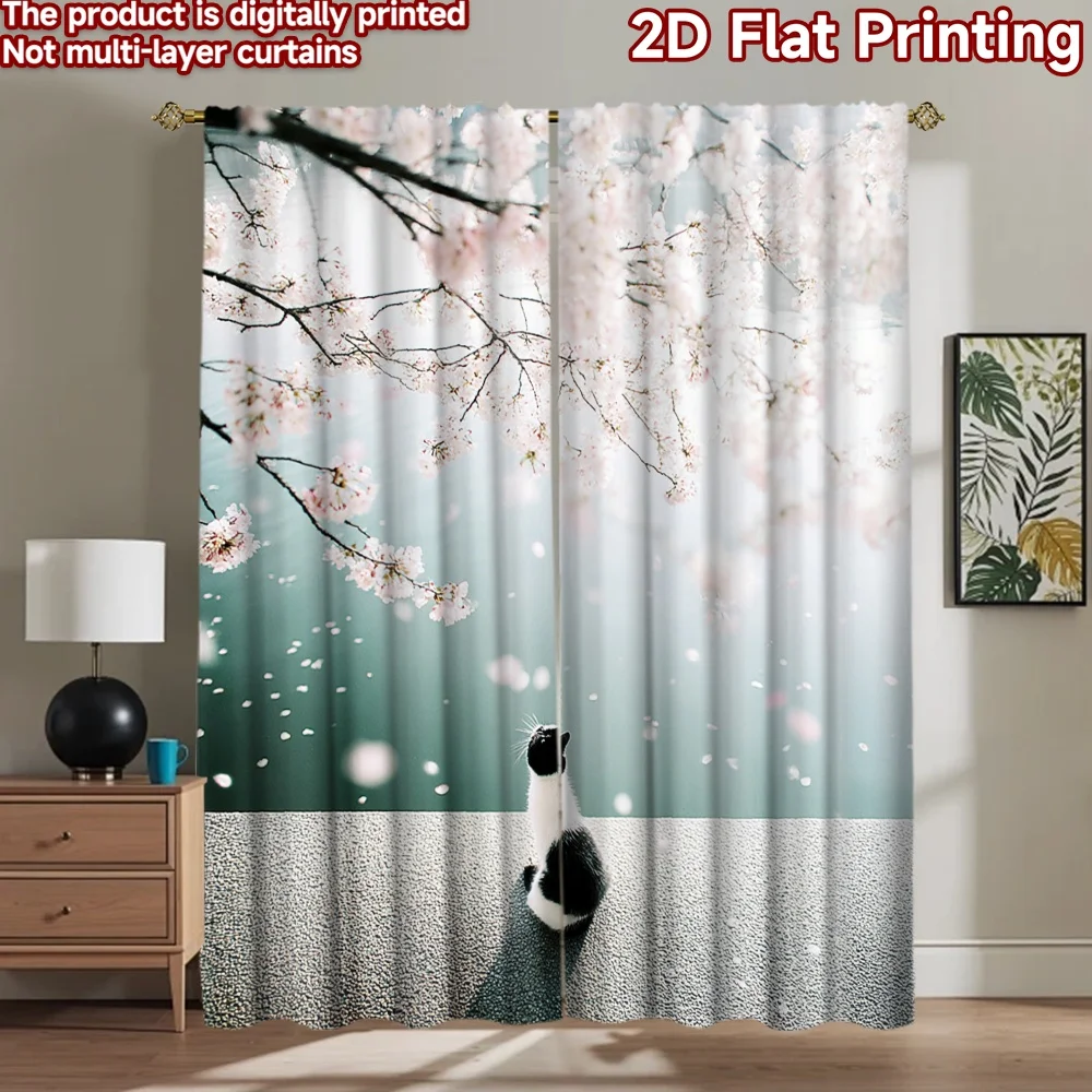 2D flat printing 2pcs Curtain Black White Cat Cherry Blossoms Digital Printed Polyester Drapes Seasonal Party & Holiday Decor