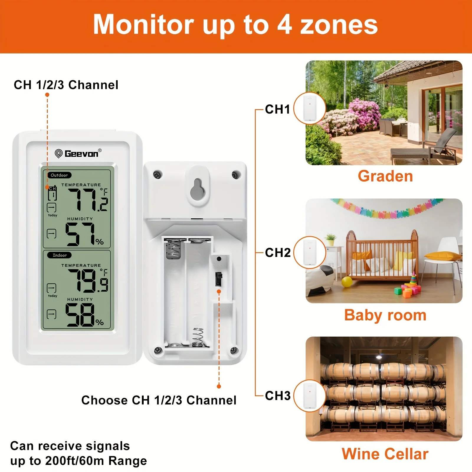 Geevon Indoor Outdoor Thermometer Backlight Digital Wireless Thermometer Temperature with LCD Receive Outdoor Thermometers